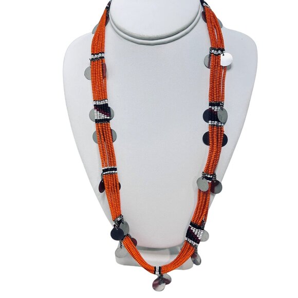 Multi Strand Orange, Black & White Seed Bead Necklace W/Dangling Circles (5468) - Picture 1 of 7